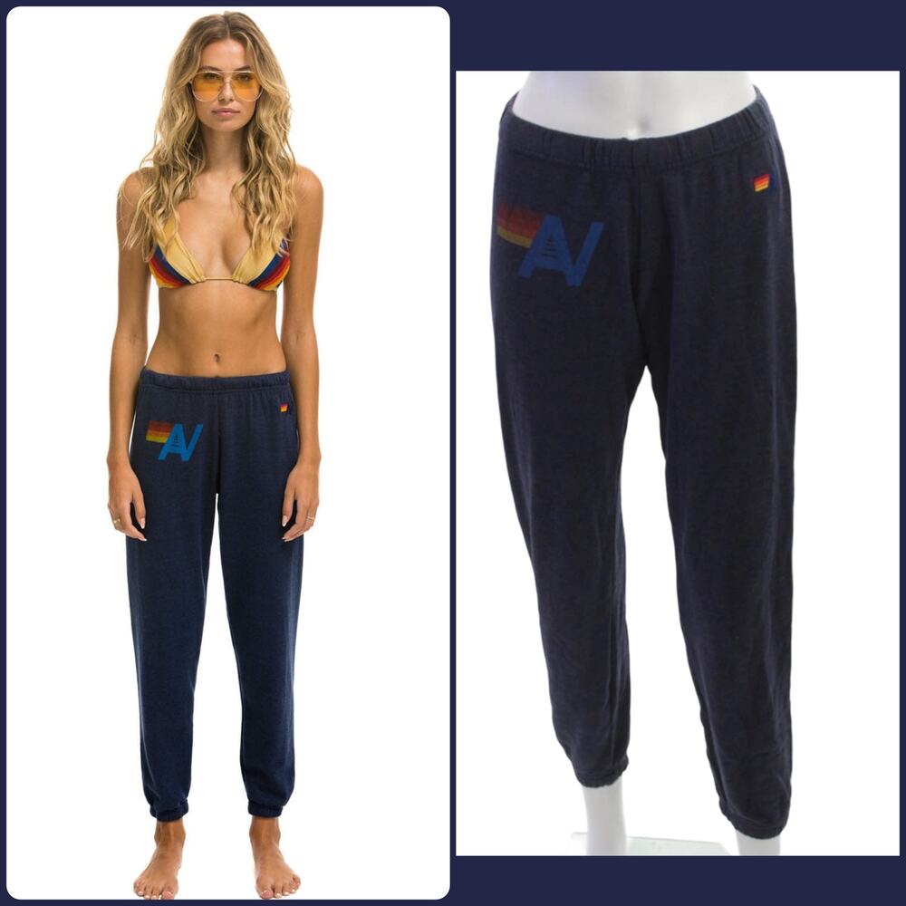 Aviator Nation Sweatpants XS Navy Rainbow Stripe Cozy Lounge Joggers USA Made